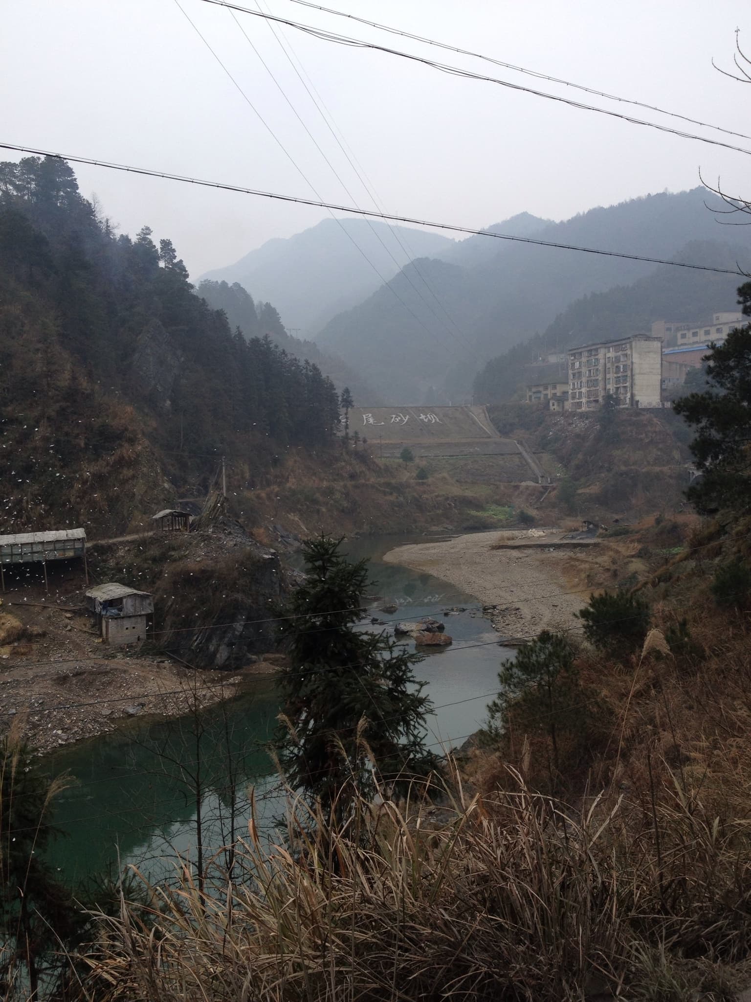 A serene mountain lake surrounded by trees and hills on a cloudy day
