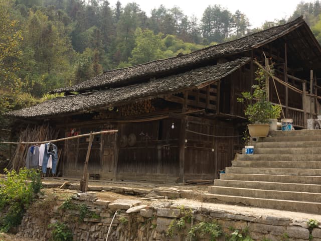 traditional wooden house with thatched roof and staircase leading up to it, surrounded by trees and greenery