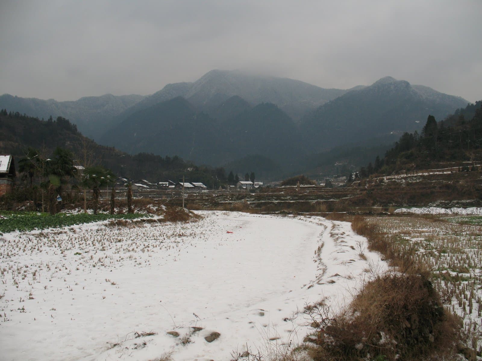 Snowy field with mountain range in the background
