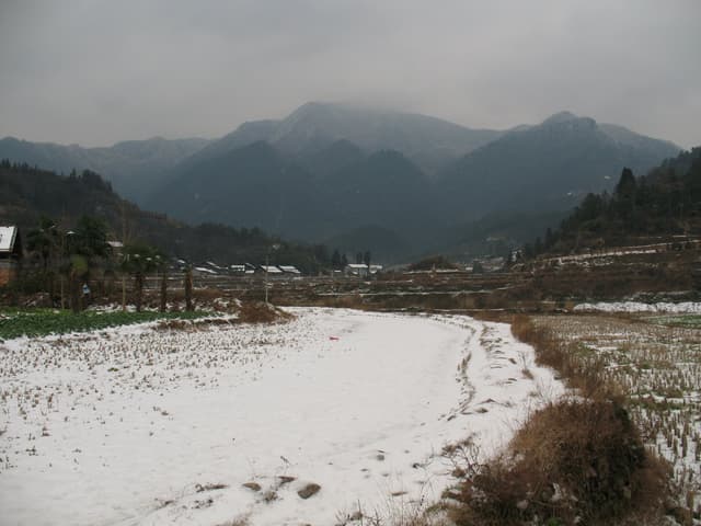 Snowy field with mountain range in the background
