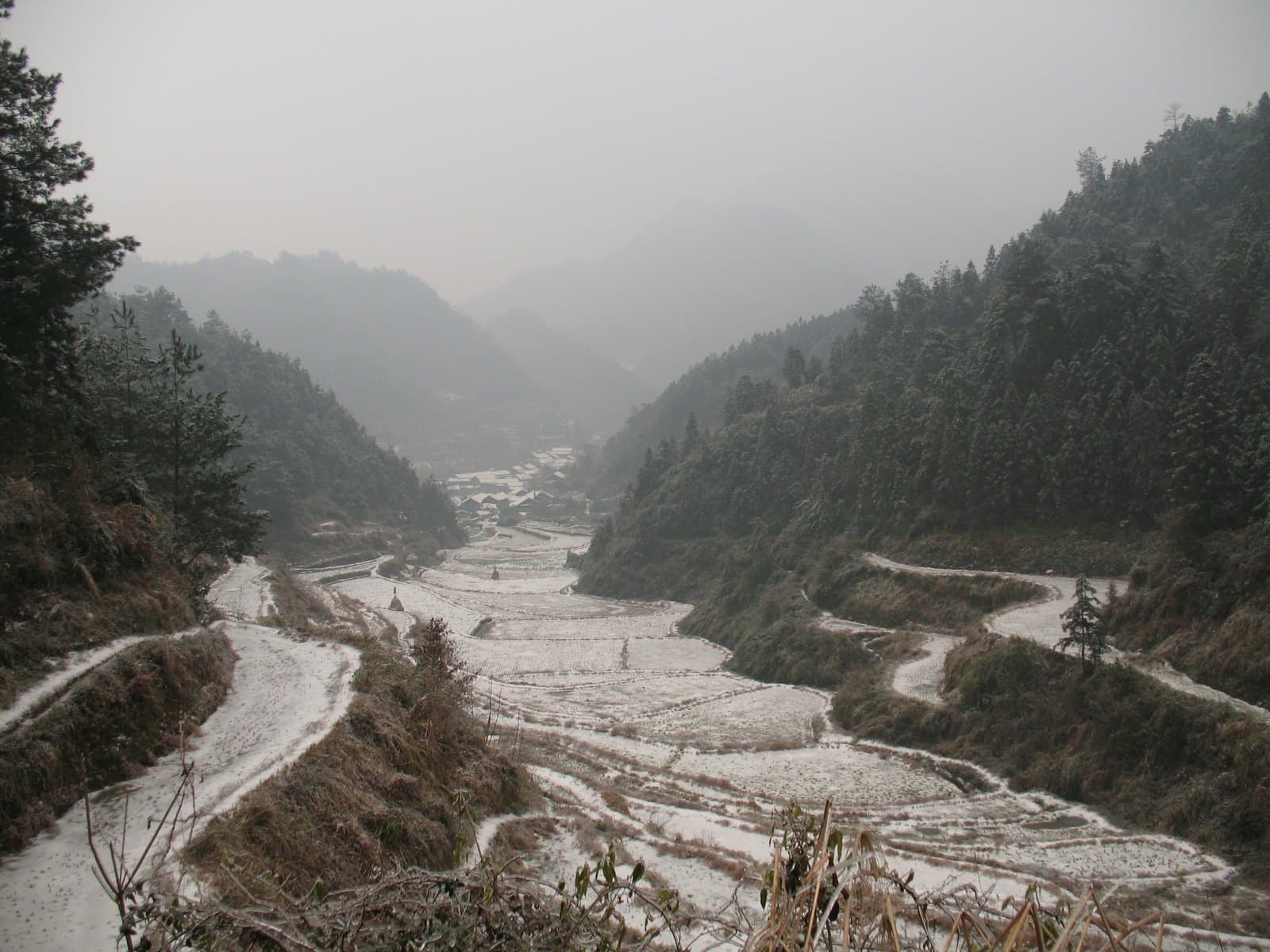 Snowy river flowing through mountains