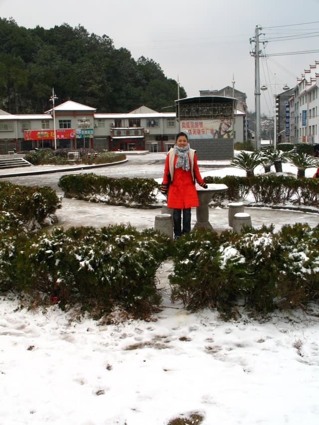 A woman in a red coat standing amidst snow-covered bushes and buildings
