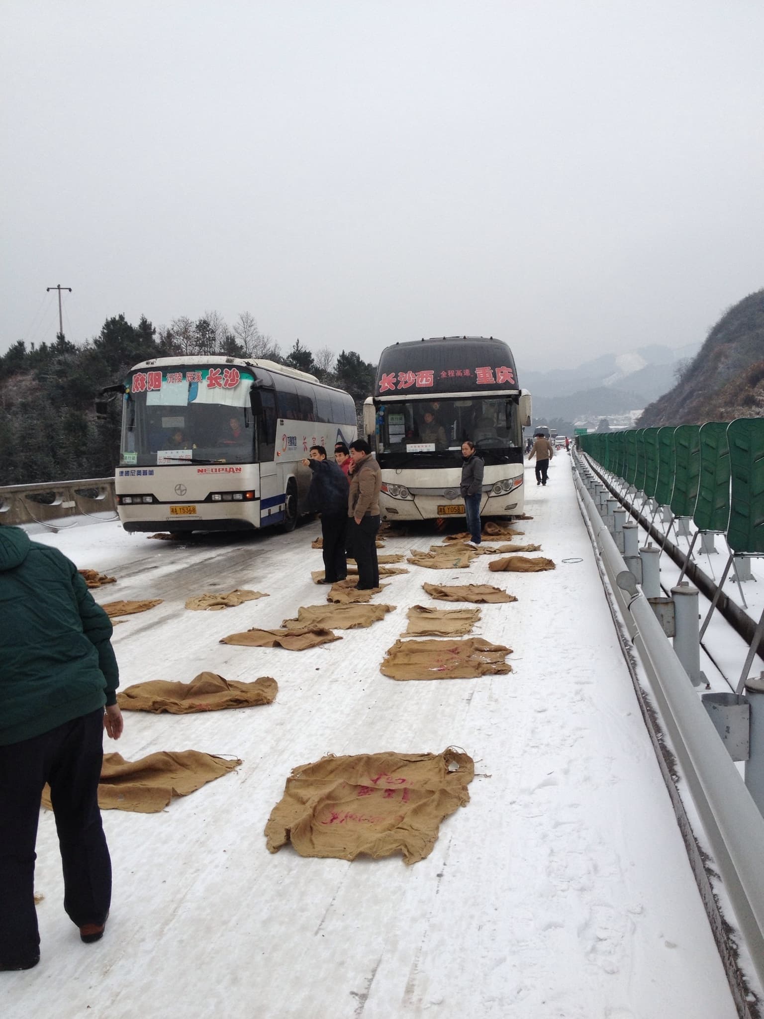 A snowy road with trees and a person wearing a green jacket and black pants