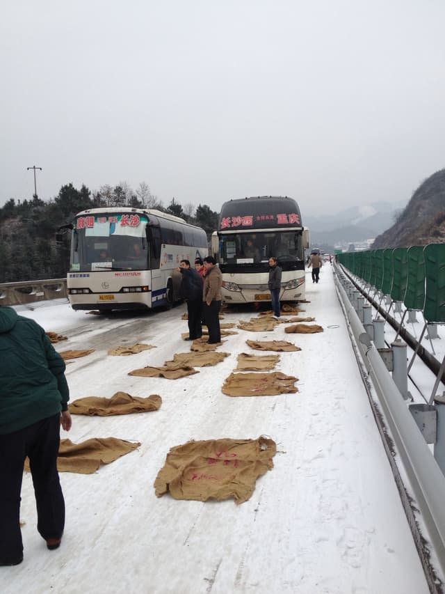A snowy road with trees and a person wearing a green jacket and black pants